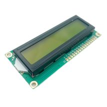 LCD näyttö 1602 2x16 merkkiä. Mustat merkit, tausta kellertävä. LED -taustavalo