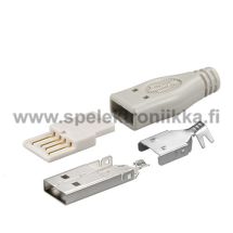 USB A uros liitin koottava malli metallikuori + suojapelti vedonpoistolla + muovikuori juotettava